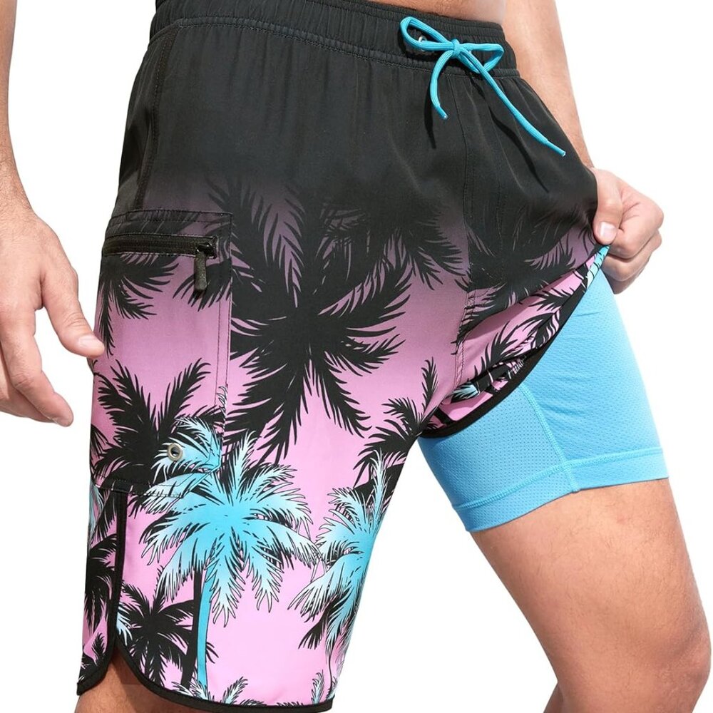 Mens Swim Trunks with Compression Liner 9 Inch Long Bathing Suit 2 in 1 Beach Qu